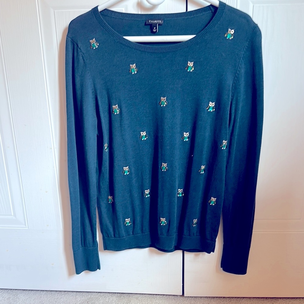 Talbots Teal Sweater with Owl Details
